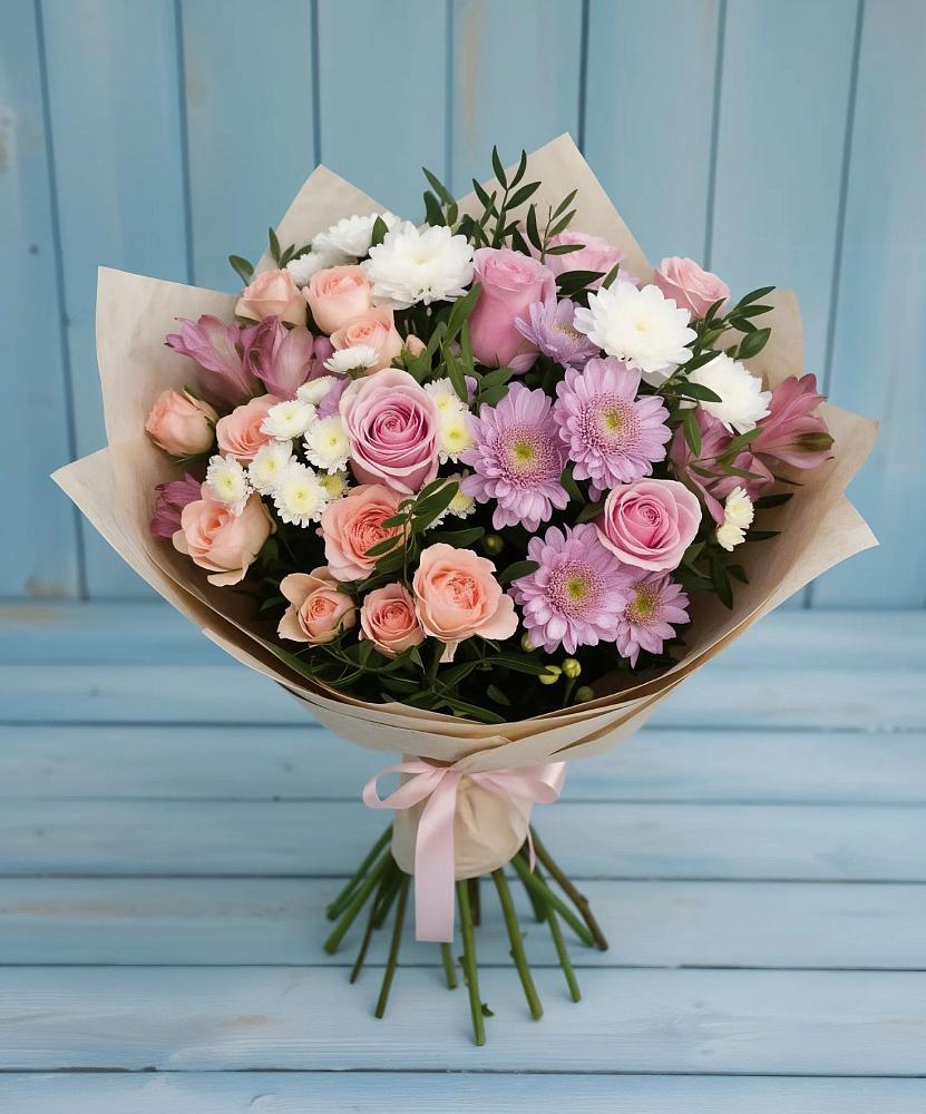 Букет цветов из: Хризантемы, Розы и Альстромерии в Красный путь