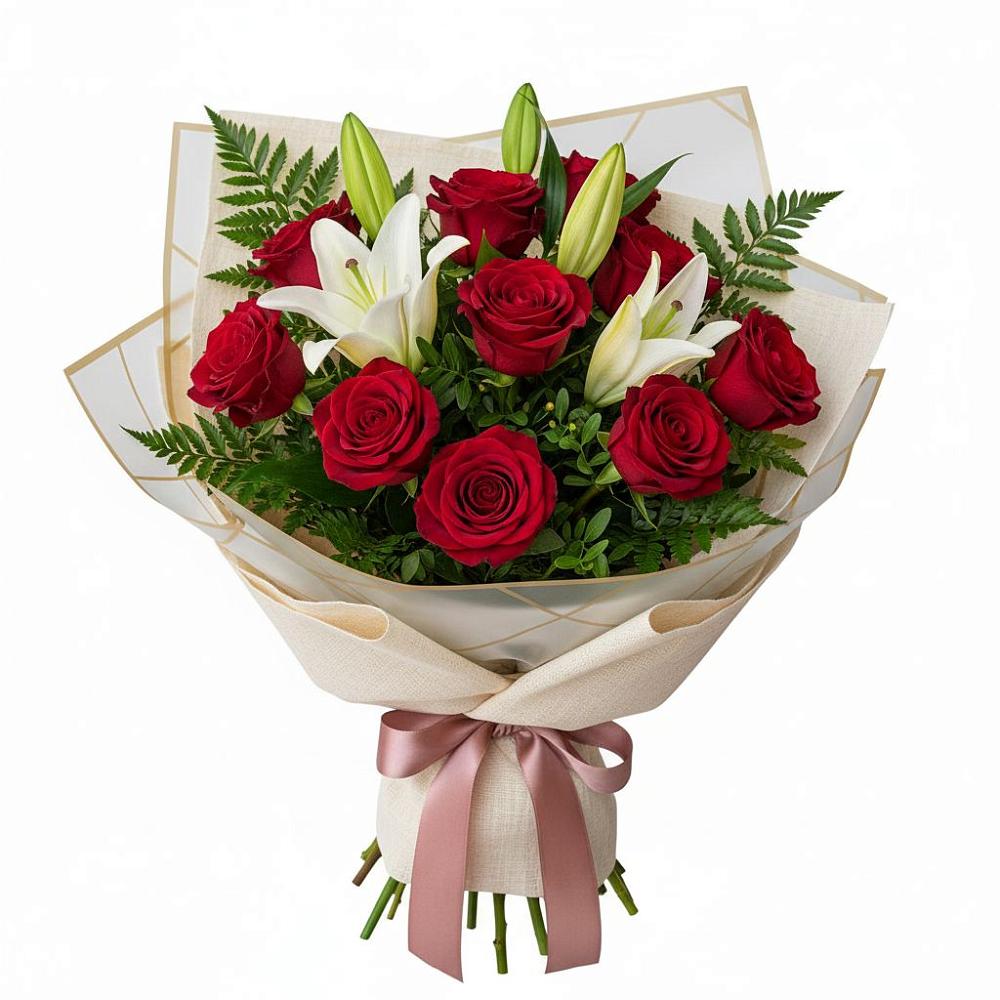 Букет цветов из: Лилии и Розы в Красный путь