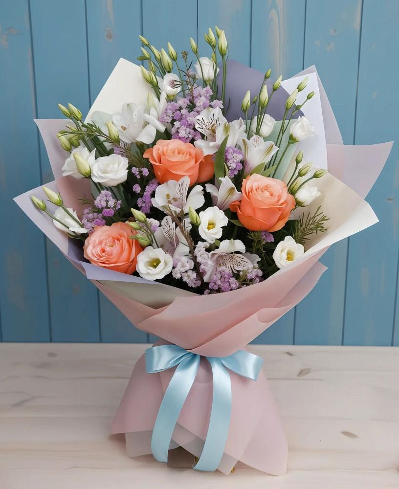 Букет цветов из: Лизиантусы, Розы, Альстромерии и Гипсофила в Красный путь