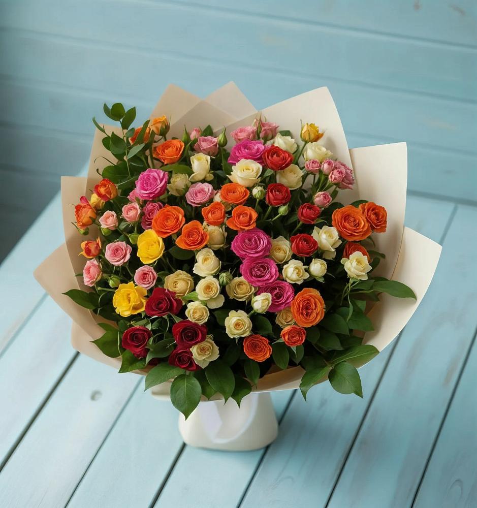 Букет Микс из разноцветных кустовых роз в Красный путь