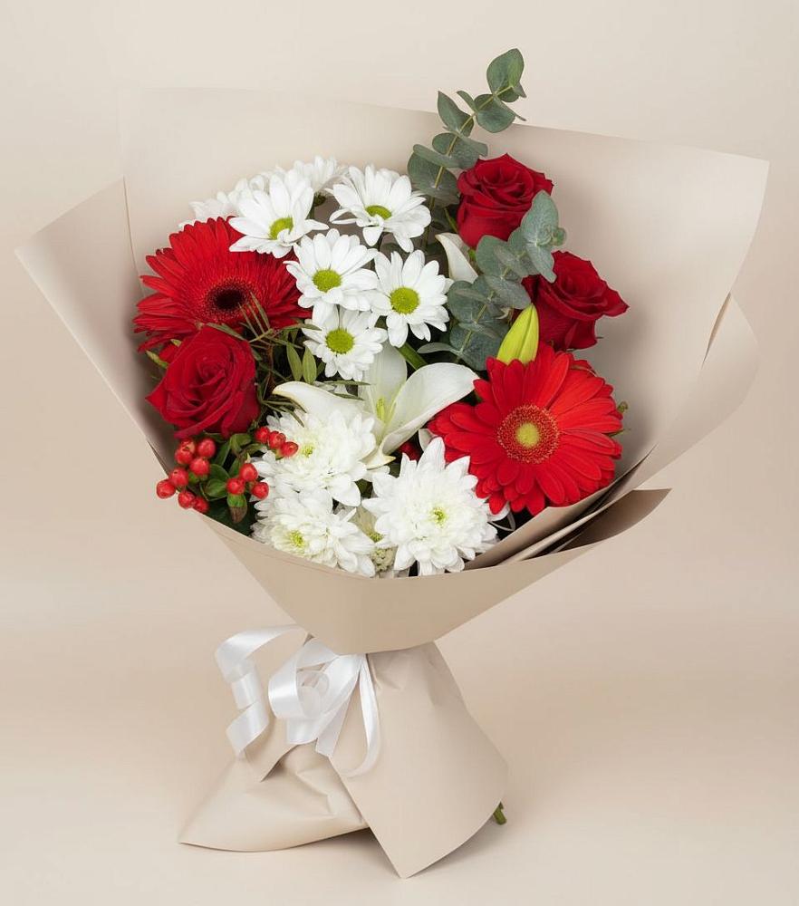 Букет цветов из: Розы, Хризантемы, Герберы и Лилии в Красный путь