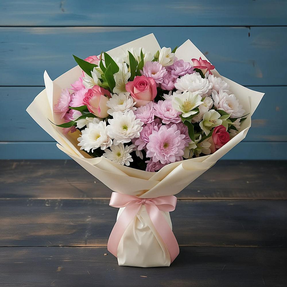 Букет цветов из: Хризантемы, Альстромерии и Розы в Красный путь